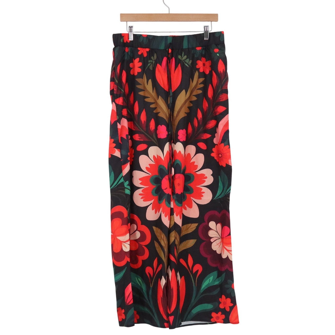 Floral Wide Leg Pants Red Black Botanical Print Elastic Waist XXL