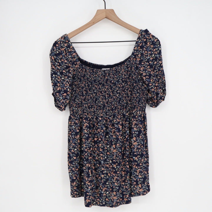 Isabel Maternity Smocked Bodice Floral Print Square Neck Puff Sleeve Top XL