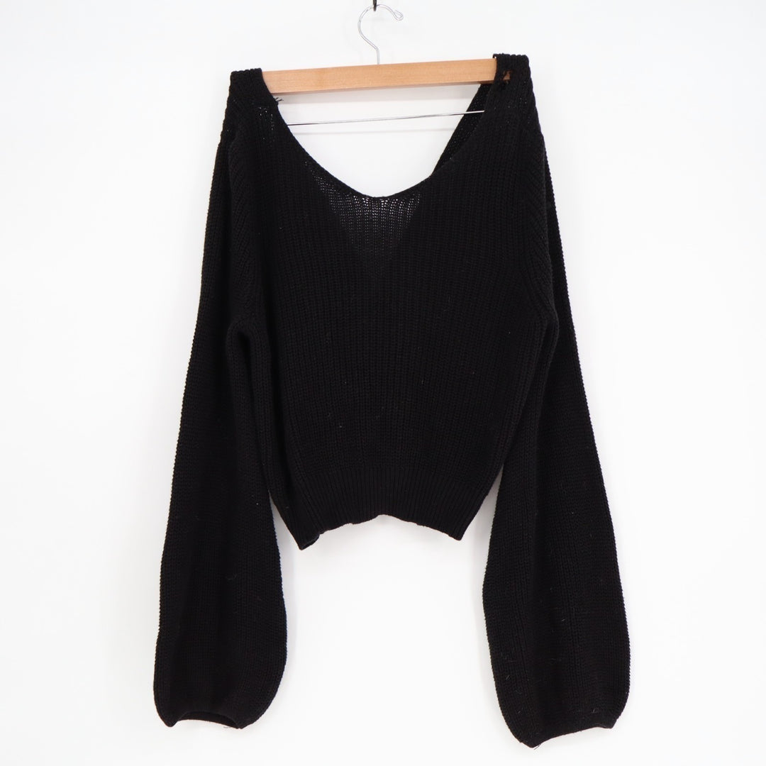 Lulu's Crop Sweater Womens Black Cotton Knit Ribbed Knotted Front Bell Sleeve