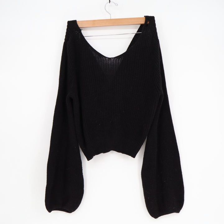 Lulu's Crop Sweater Womens Black Cotton Knit Ribbed Knotted Front Bell Sleeve