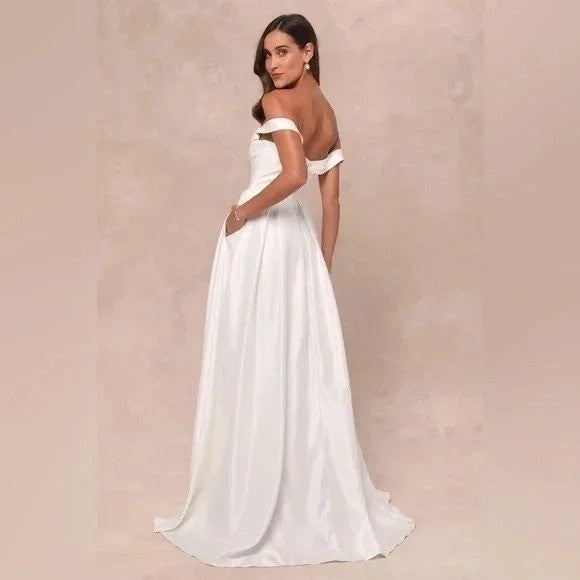 Lulus Extraordinary Vow White Off-The-Shoulder Maxi Dress With Pockets Size XL