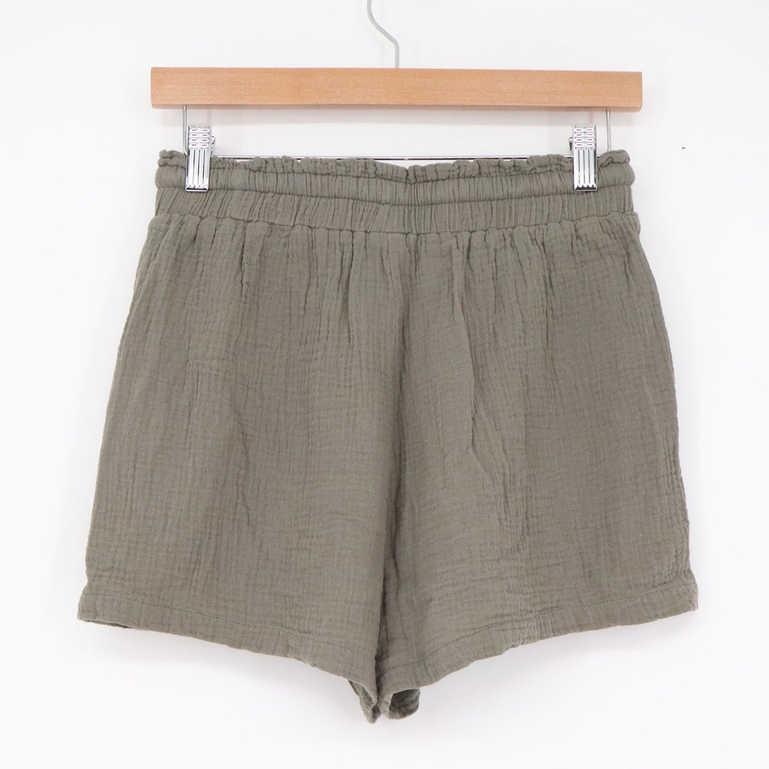 Olive Green Gauze Shorts Womens Small Elastic Drawstring Waist Rayon