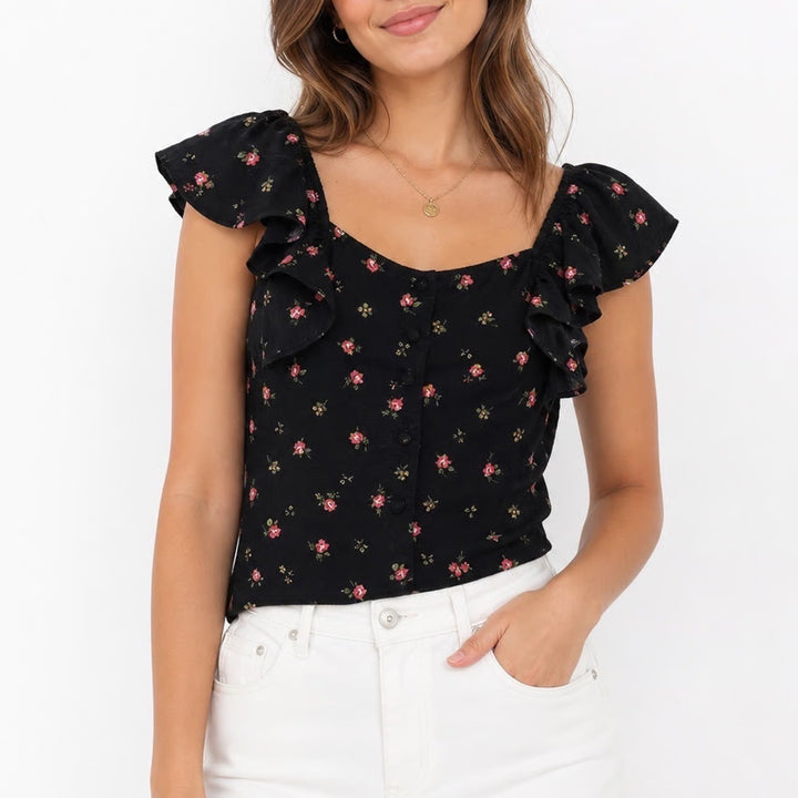 Papermoon Black Floral Ruffle Sleeve Button Front Tie Back Blouse Small