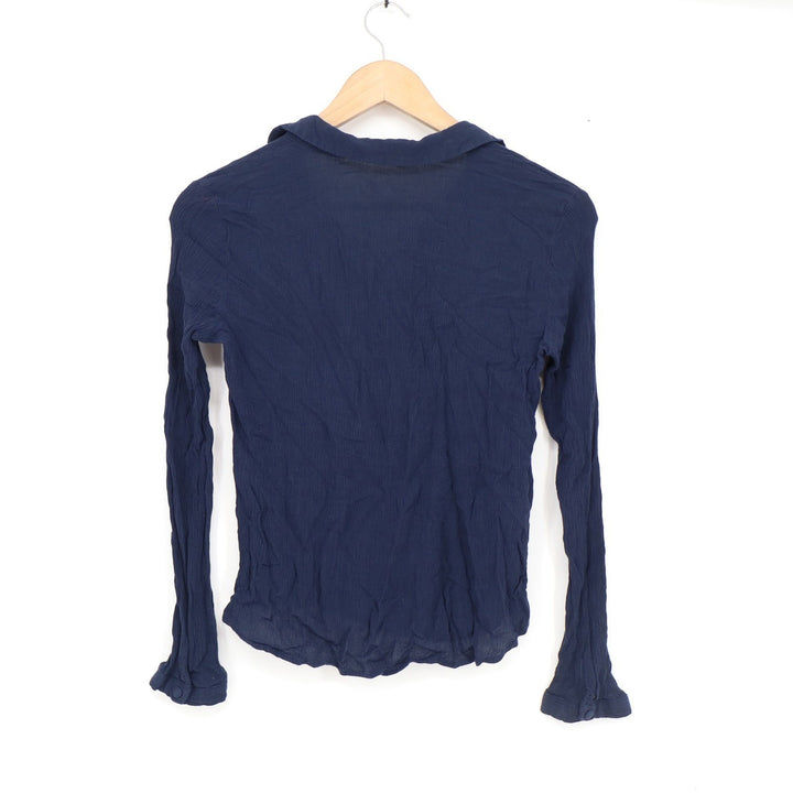 Mango Suit Navy Blue Crinkle Viscose Long Sleeve Henley Collared Top Size 4 S