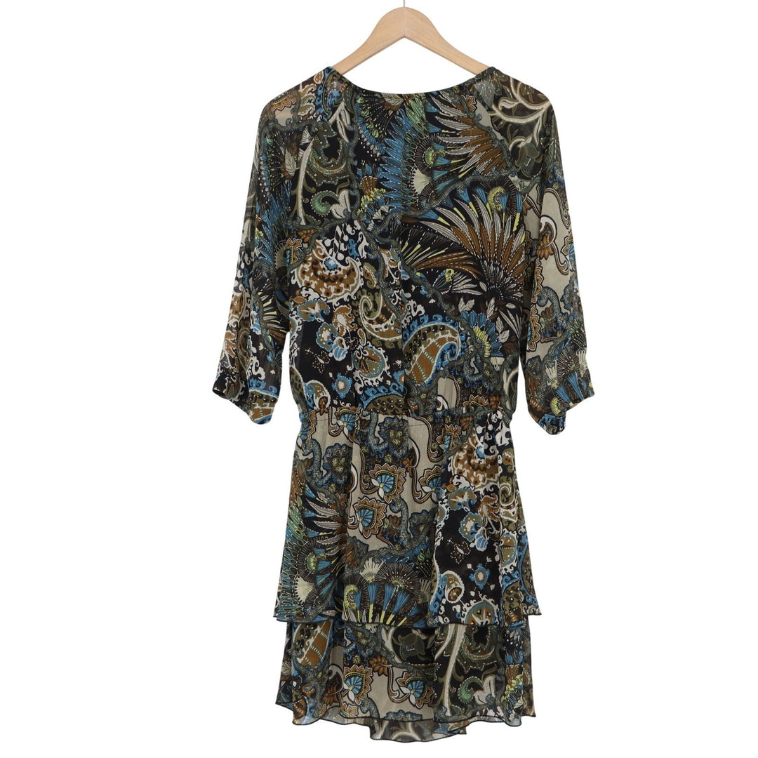 edc by Esprit Paisley Mini Dress Black Blue Gold 3/4 Sleeve Tiered Boho Size 34