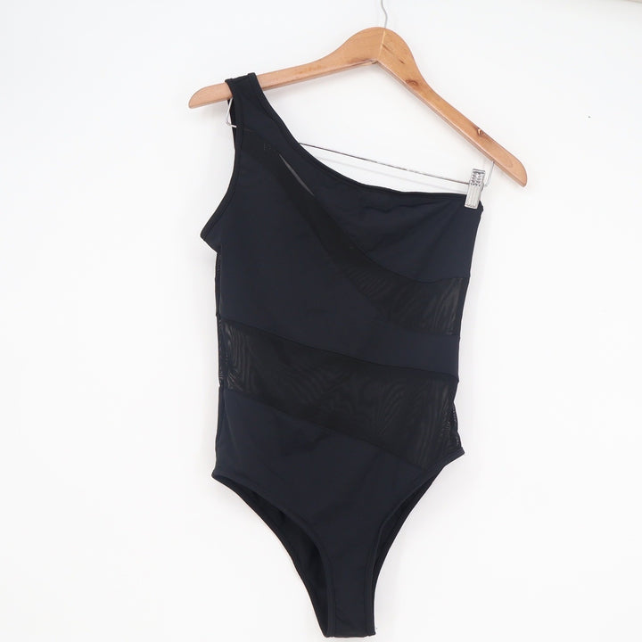 Cider Black One Shoulder Mesh Panel One Piece Swimsuit Size M