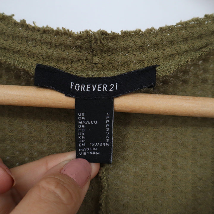 Forever 21 Olive Green Waffle Knit Button Front Cardigan Frayed Hem Small
