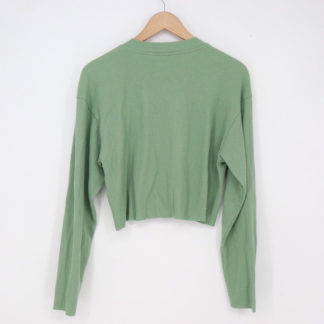 BP Top Womens S Henley Cropped Sage Green Waffle Knit Thermal Long Sleeve