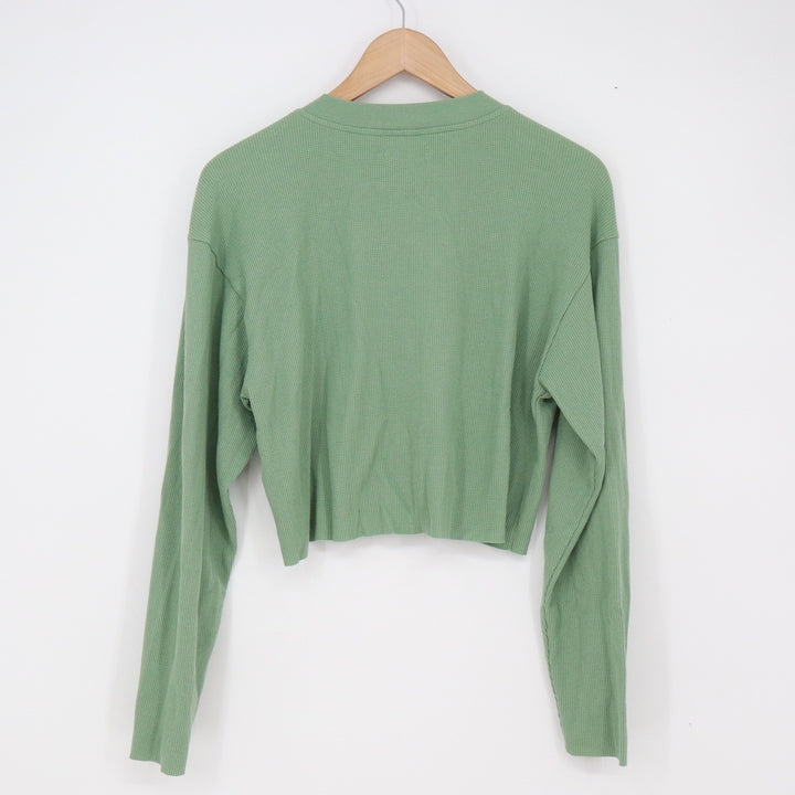 BP Top Womens S Henley Cropped Sage Green Waffle Knit Thermal Long Sleeve