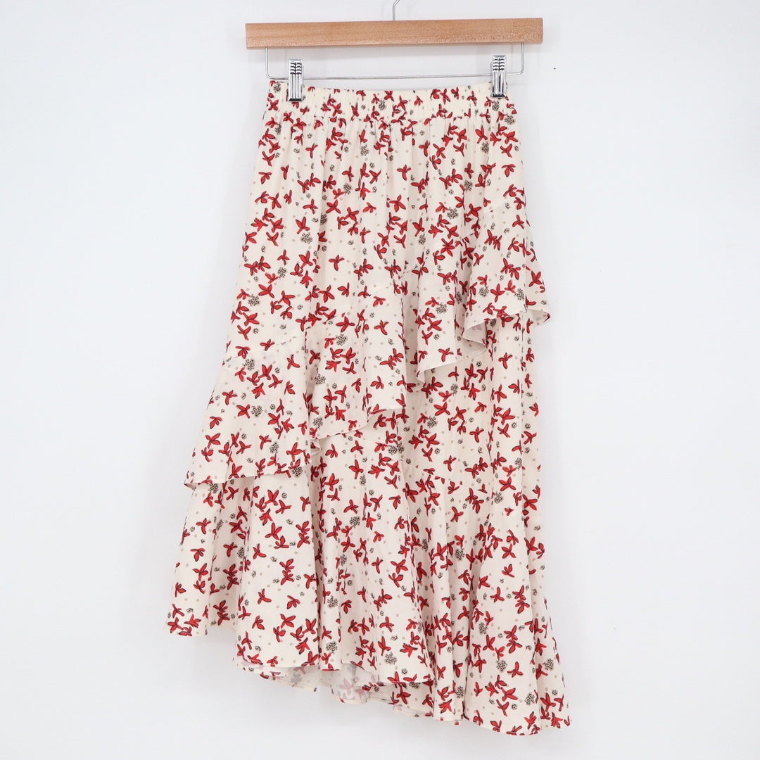 T.P Products Red Bird Print Tiered Ruffle Midi Skirt Cream Size Small Elastic