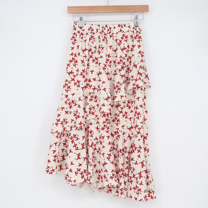 T.P Products Red Bird Print Tiered Ruffle Midi Skirt Cream Size Small Elastic