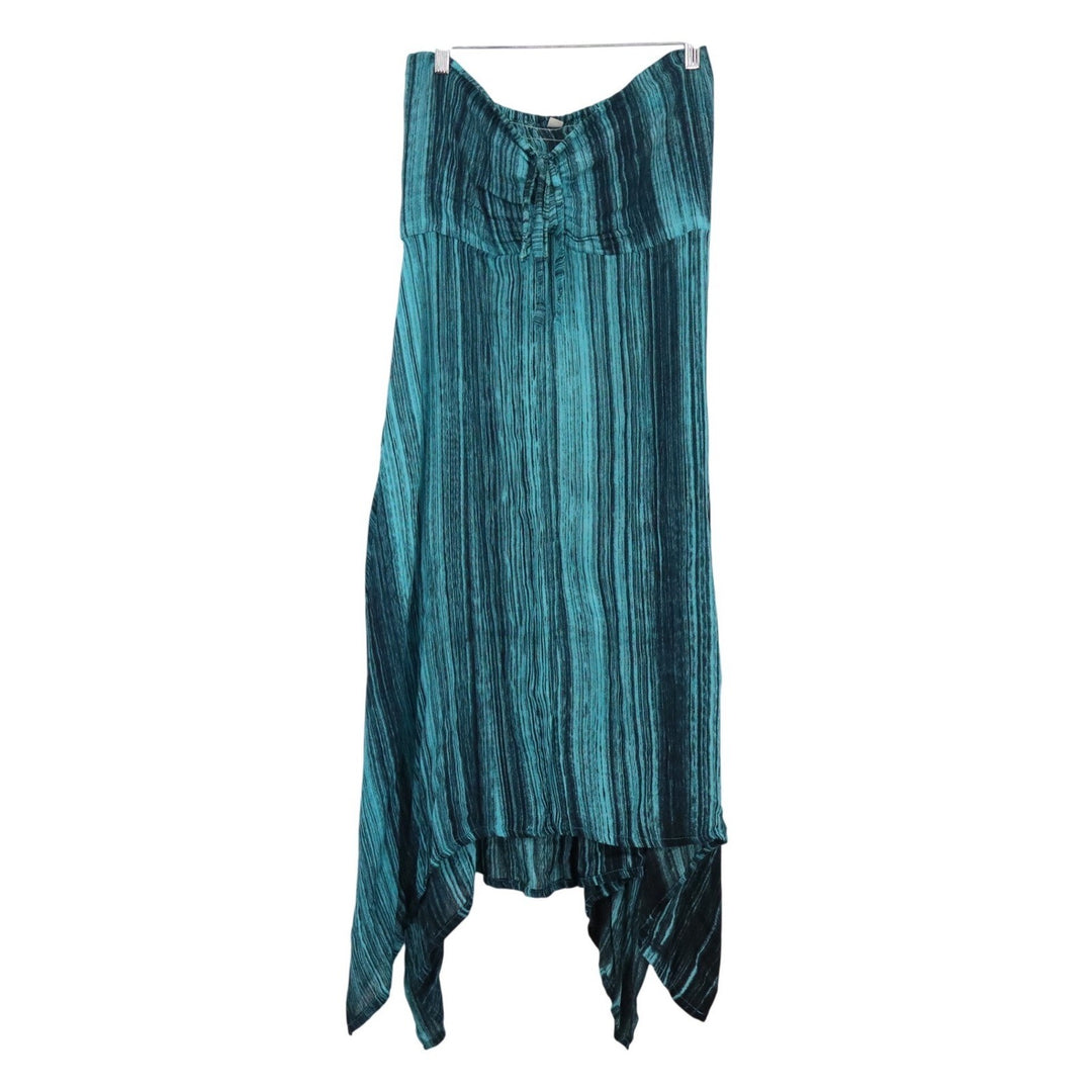 Handmade Indonesia Teal Black Striped Strapless Handkerchief Hem Maxi Dress L
