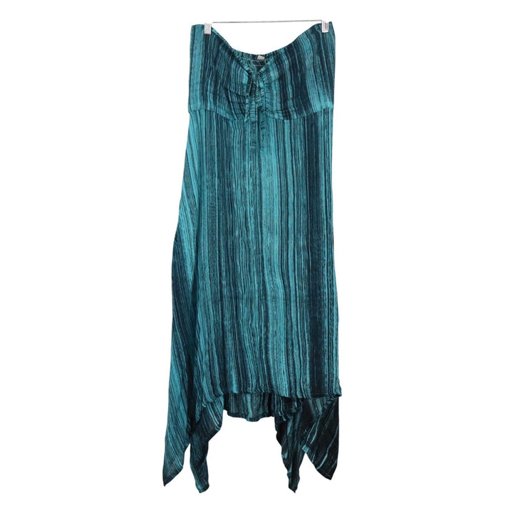 Handmade Indonesia Teal Black Striped Strapless Handkerchief Hem Maxi Dress L