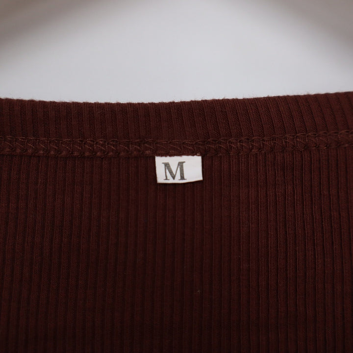 Burgundy Brown Ribbed Long Sleeve Notch Neck Crop Top Size M Slim Fit