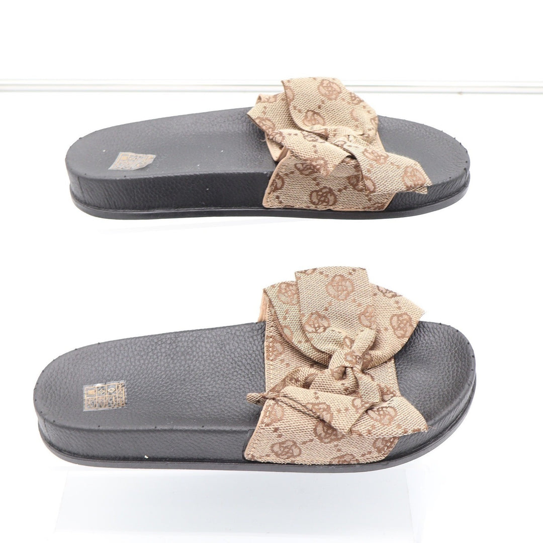 Womens Monogram Floral Bow Slide Sandals Brown Tan Black Size 36