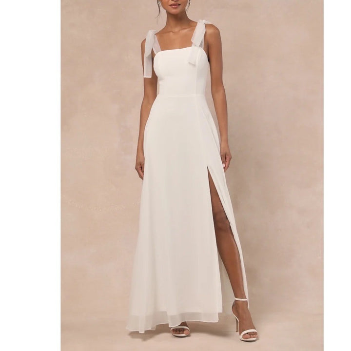 Lulus Radiant Romance Maxi Dress Womens S White Tie-Strap Front Slit Square Neck