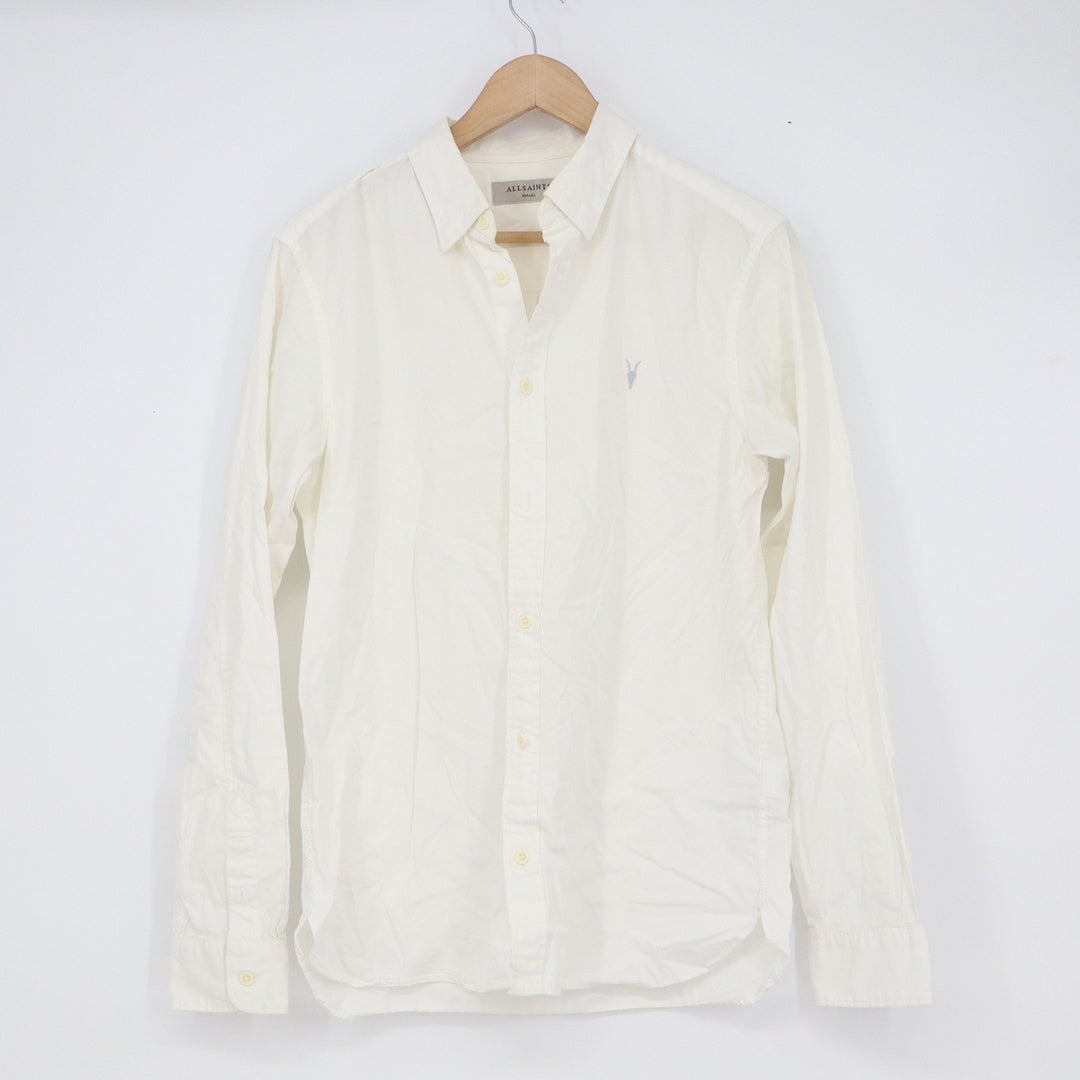 AllSaints Redondo LS Shirt Off White Cotton Ramskull Slim Fit Small