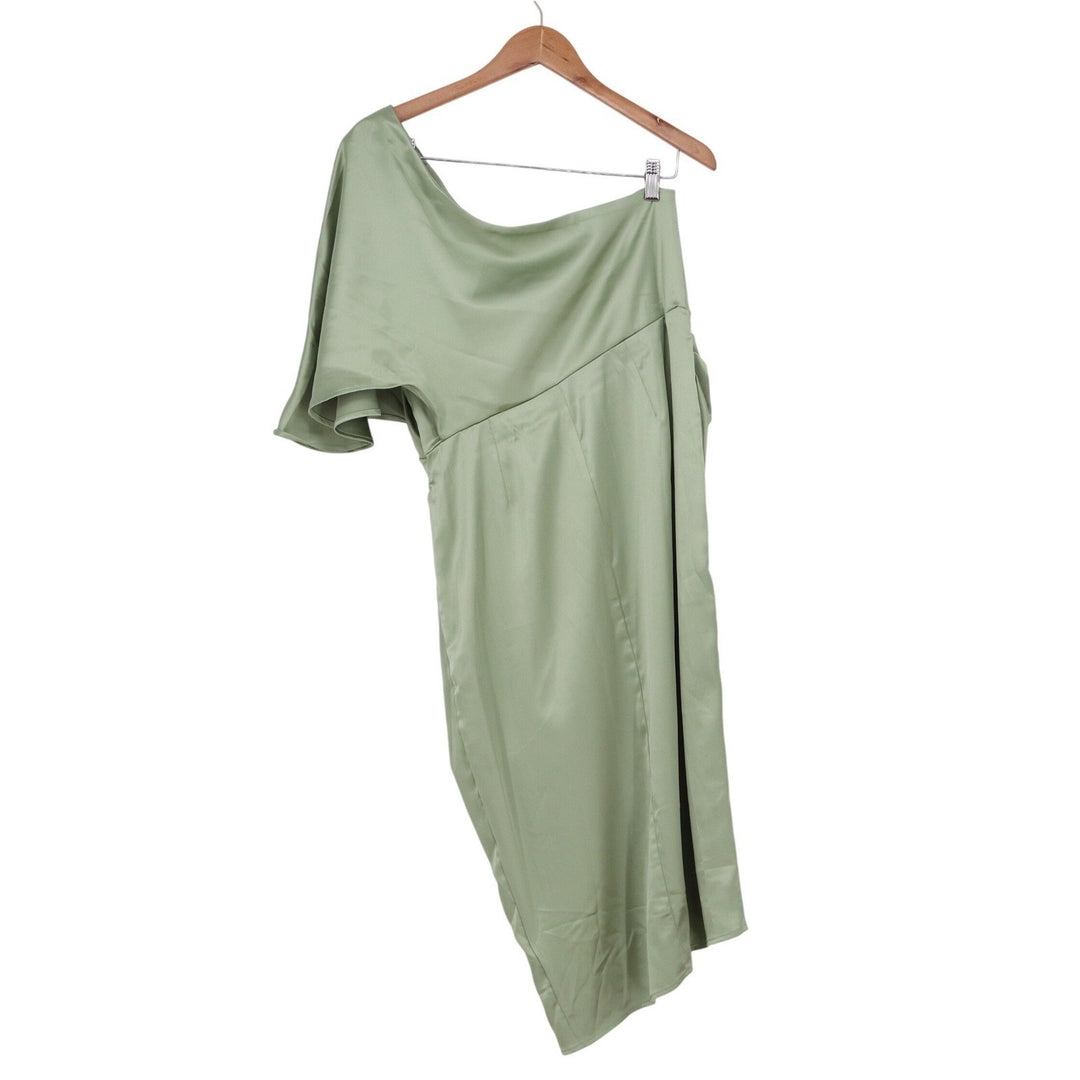 Cupshe Sage Green One Shoulder Satin Midi Dress Asymmetrical Cocktail Size L