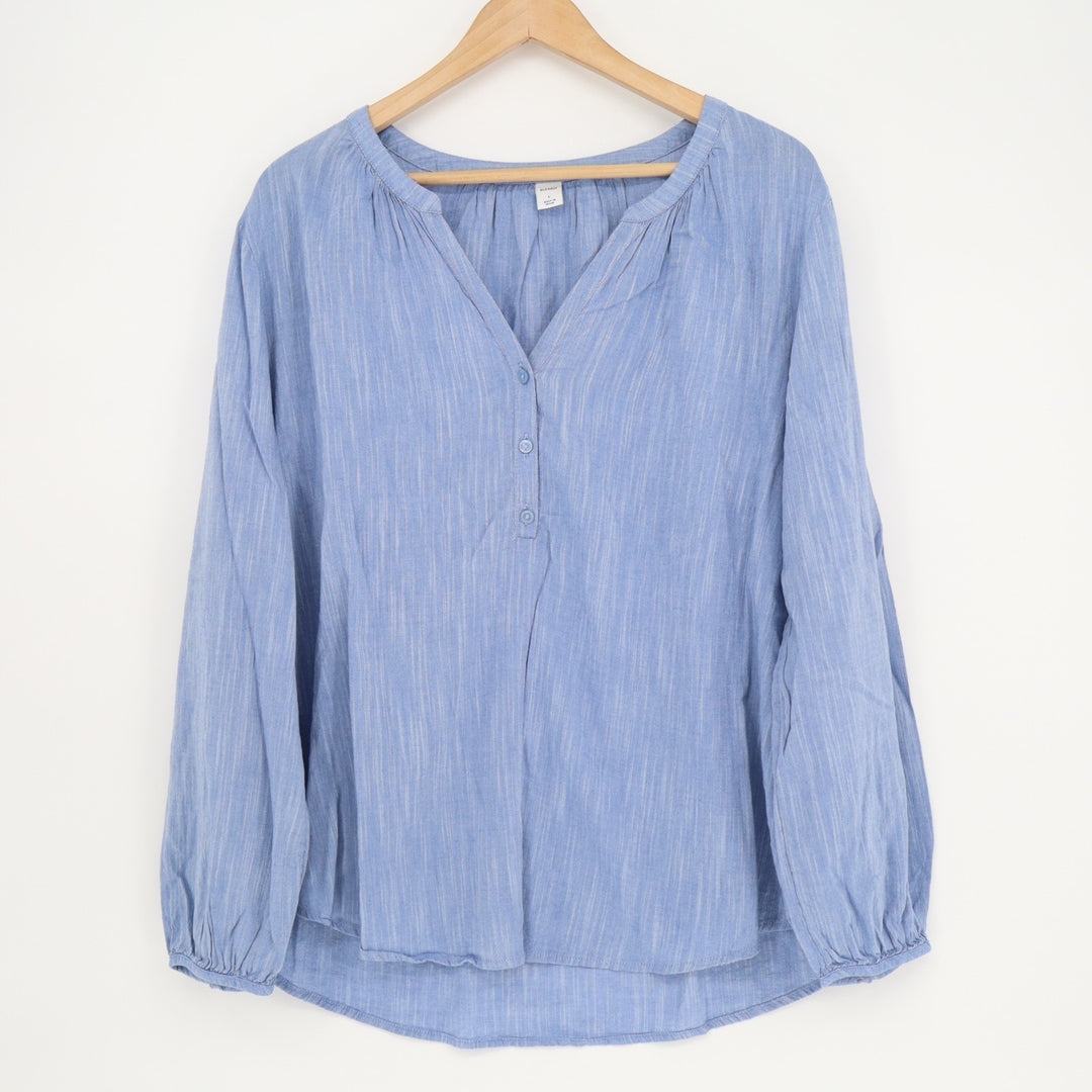 Old Navy Blouse Women L Blue Space Dye Cotton Pleated Henley Neck Balloon Sleeve