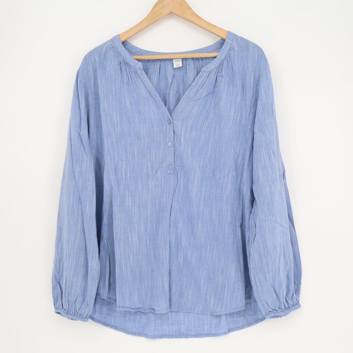 Old Navy Blouse Women L Blue Space Dye Cotton Pleated Henley Neck Balloon Sleeve
