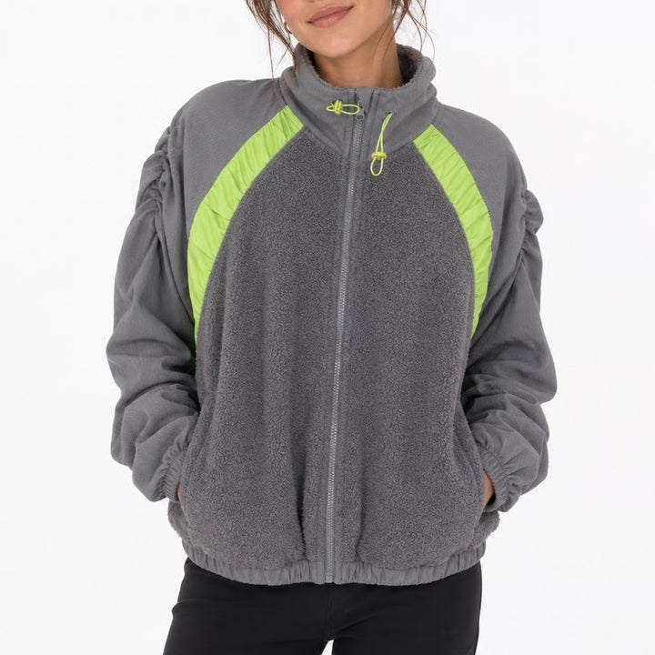 Fashion Gray Neon Green Ruched Sleeve Fleece Zip Up Jacket Medium