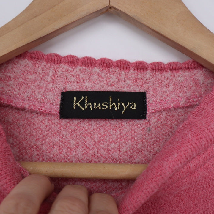 Khushiya Pink Cream Fuzzy Knit Leaf Pattern Scalloped Neck Sweater Size M