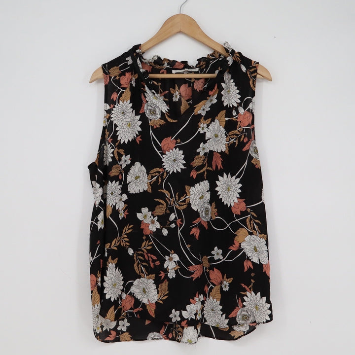 Violet + Claire Womens XL Black Floral Ruffle Neck Sleeveless Blouse Top