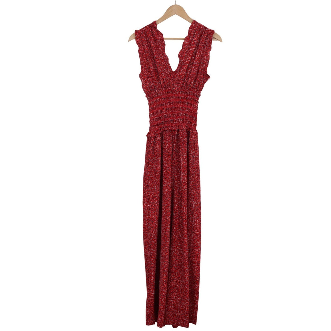 Max Studio Red Floral Smocked Waist Wide Leg Jumpsuit Sleeveless Small