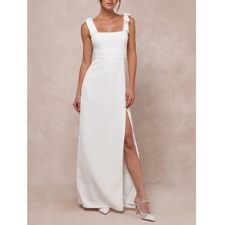 Lulus Your Sweetie White Tie Strap Column Maxi Dress Women Medium Cream Back Zip