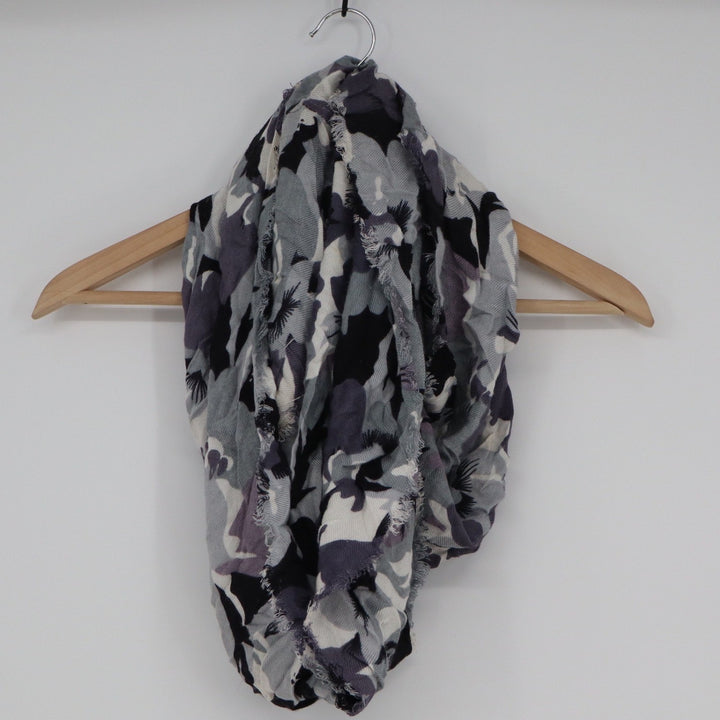 Abstract Floral Infinity Scarf Grey Purple Black White Frayed Edge Loop Scarf
