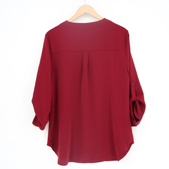 Youtalia Blouse Womens Large Red Roll Tab Sleeve Curved Hem V Neck Pullover