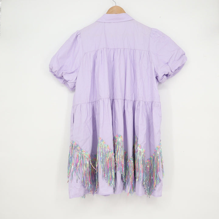 Fantastic Fawn Purple Sequin Fringe Tiered Babydoll Dress Medium