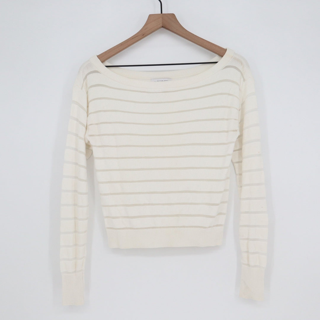 Intermix Cream Striped Boatneck Sweater Long Sleeve Semi-Sheer Knit Top Size P