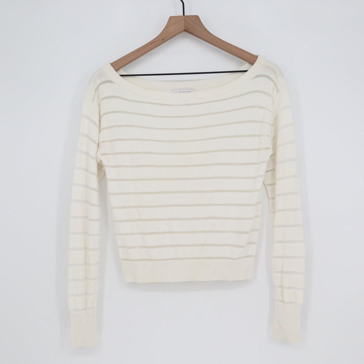 Intermix Cream Striped Boatneck Sweater Long Sleeve Semi-Sheer Knit Top Size P