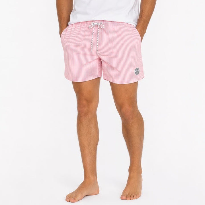 Maamgic Mens Pink White Striped Swim Trunks Beach Club Mesh Lined Shorts Large