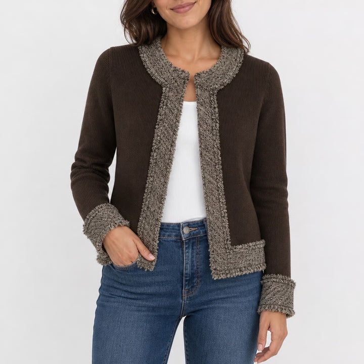 Just Miss Brown Ribbed Open Front Cardigan Tweed Trim Fringed Size 36 Small