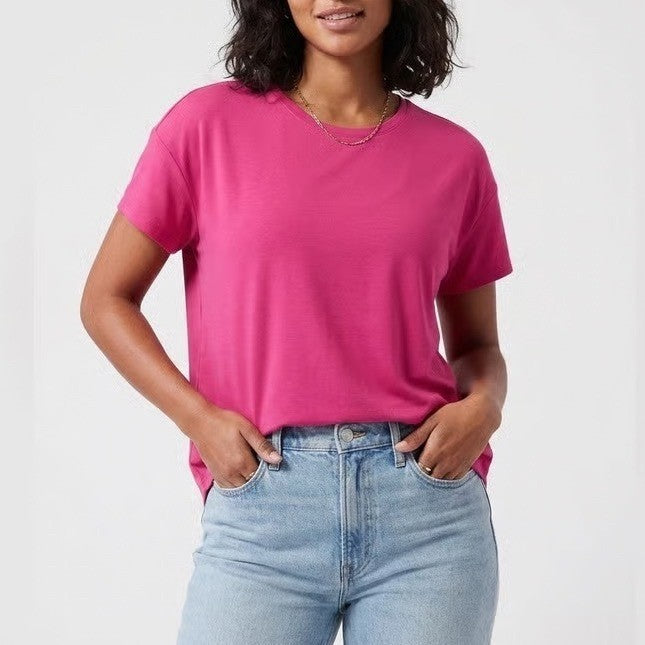 Athleta T-Shirt Womens Medium Hot Pink Stretch Crew Neck Short Sleeve Pullover