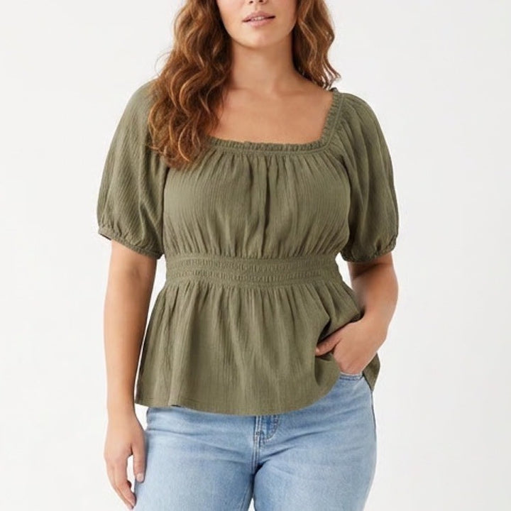 Old Navy Womens XL Olive Green Smocked Puff Sleeve Peplum Square Neck Blouse Top
