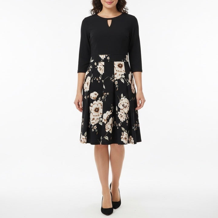Yathon A-Line Dress Womens L Black Floral Cotton Long Sleeve Back Zip Split Neck
