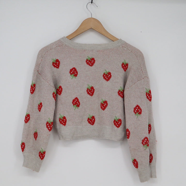 SHEIN Girls Strawberry Print Cropped V-Neck Sweater Beige Red Size 11-12Y