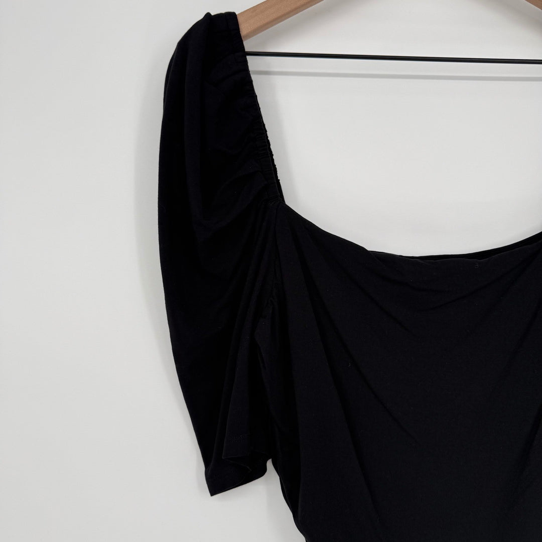 FRAME Betty Knitted Black Noir Square Neck Ruched Puff Sleeve Top Size L