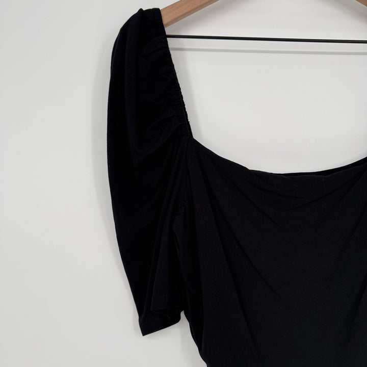 FRAME Betty Knitted Black Noir Square Neck Ruched Puff Sleeve Top Size L