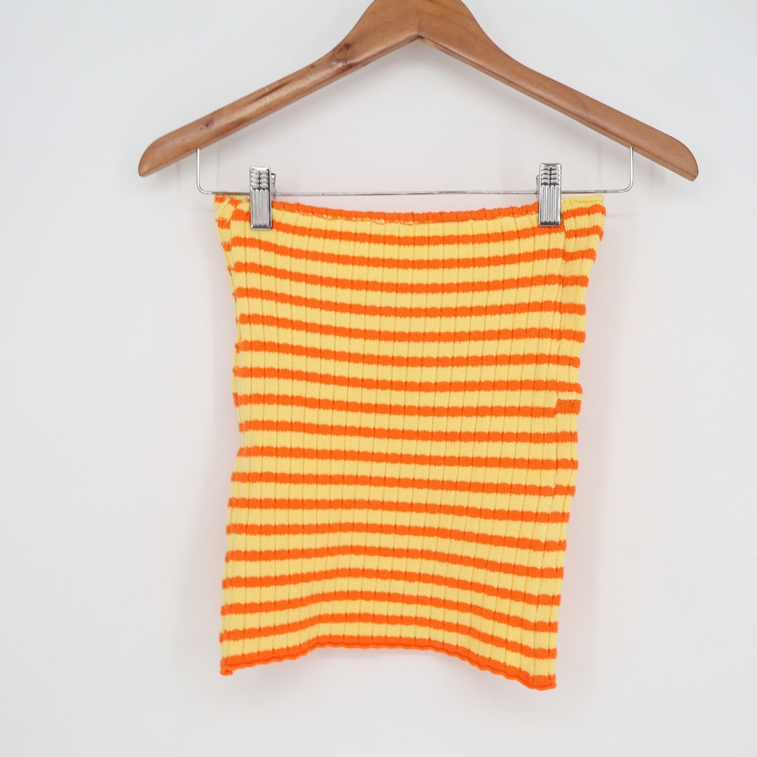 Orange Yellow Striped Ribbed Knit Twist Front Keyhole Tube Top Large