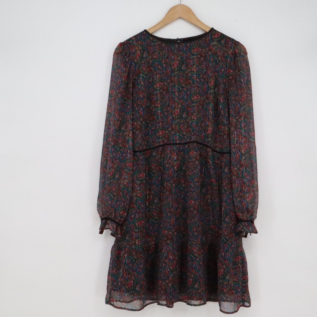 LOFT Womens Paisley Metallic Long Sleeve Empire Waist Mini Dress Multicolor M