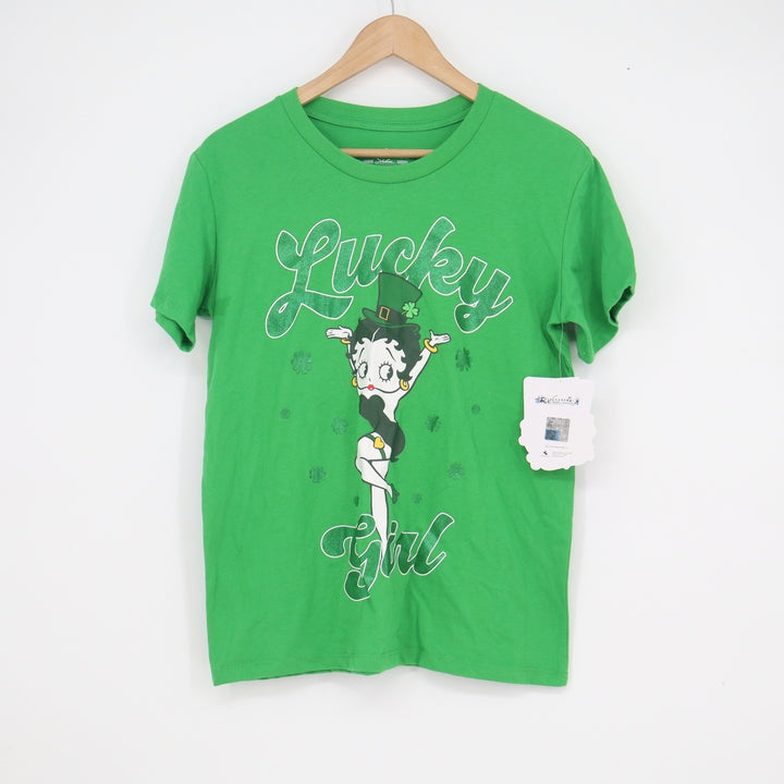 Betty Boop Lucky Girl St Patricks Day Green Glitter Graphic Tee Shirt Small NEW
