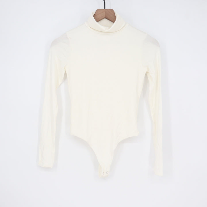 Naked Wardrobe Cream Turtleneck Long Sleeve Bodysuit Size M