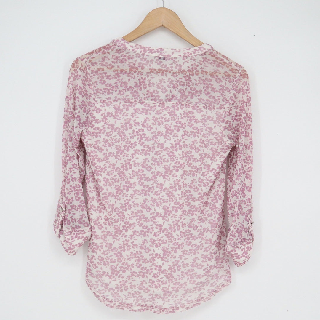 Cocomo Petite Pink Floral Mesh Roll Tab Sleeve Pintuck Blouse PS