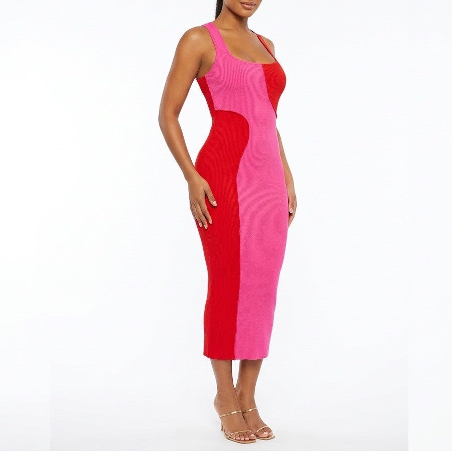 Naked Wardrobe Pink Red Colorblock Ribbed Midi Dress Womens Large