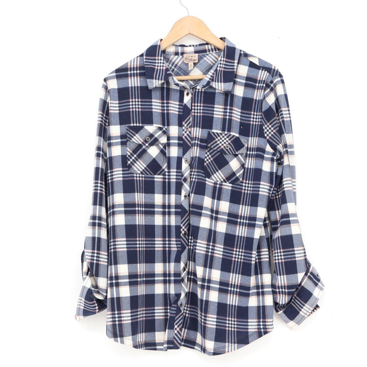 Como Vintage Womens XL Navy Blue Plaid Button Down Shirt Long Sleeve