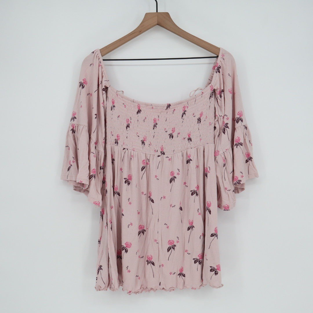 Free People Pink Floral Smocked Square Neck Bell Sleeve Blouse Top M